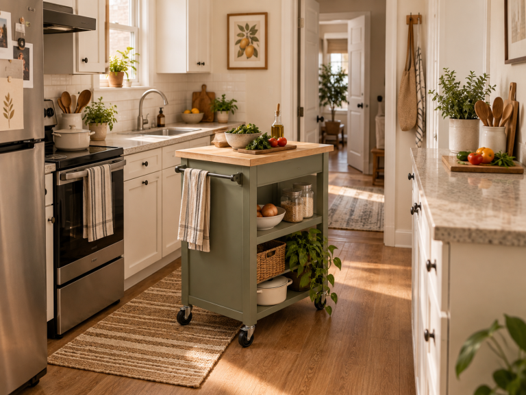 Rolling kitchen island positioned in a compact kitchen with clear prep and walking zones.