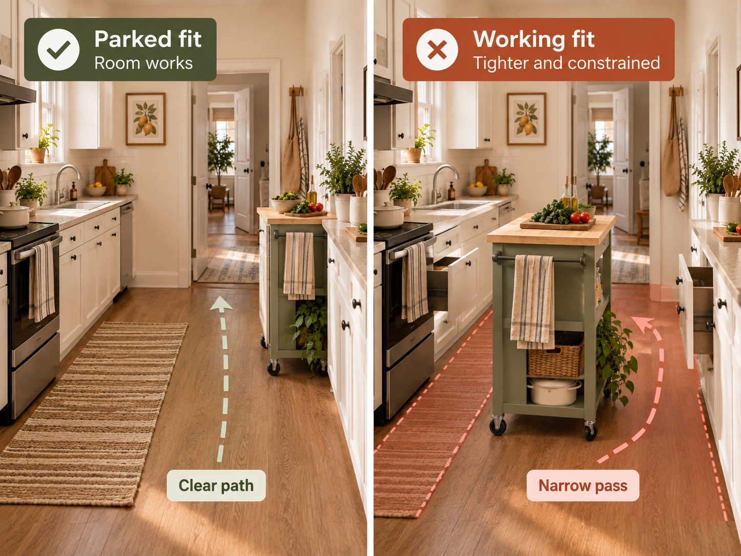 Rolling kitchen island shown in parked and working positions with nearby cabinet, appliance, and walking zones.