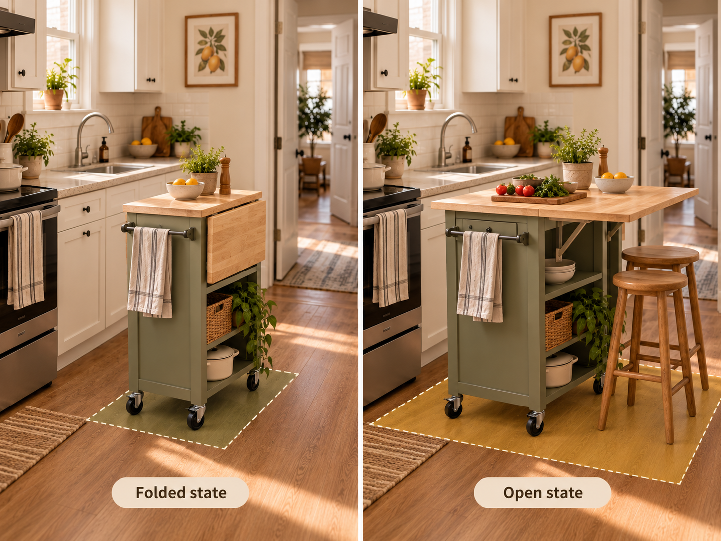 Expandable rolling kitchen island shown in folded and open states to compare parked and working footprints.