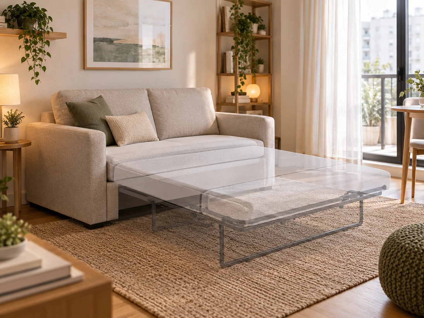 Small sofa bed in a compact living space with room shown for both seating and sleeper use.