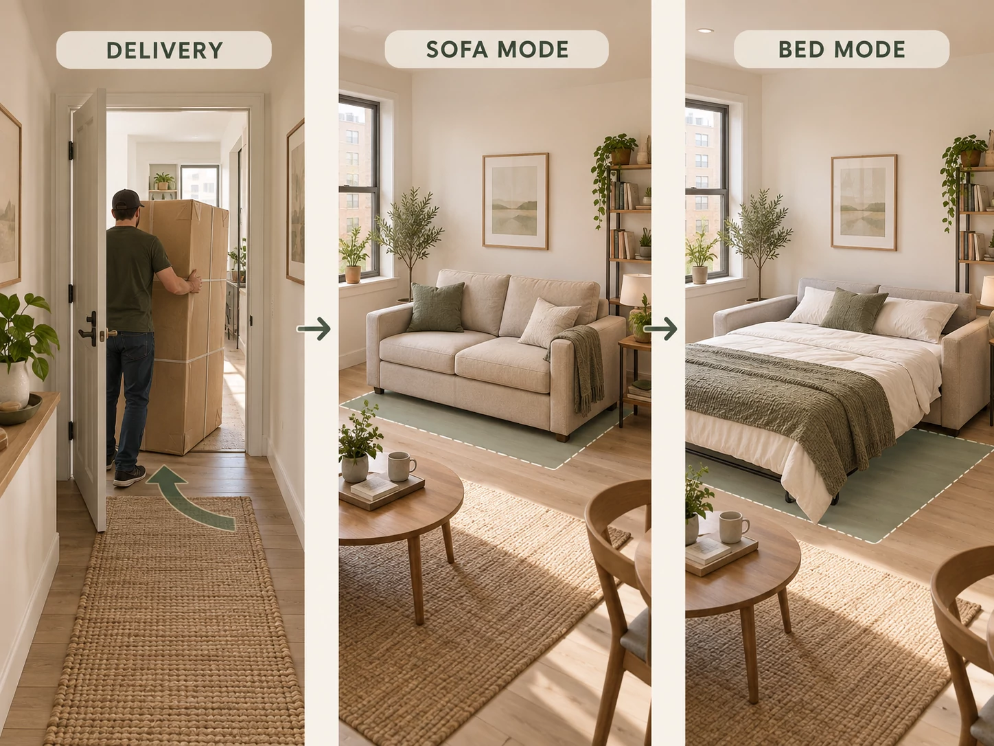 Diagram comparing delivery, sofa-mode, and bed-mode fit checks for a small sofa bed.