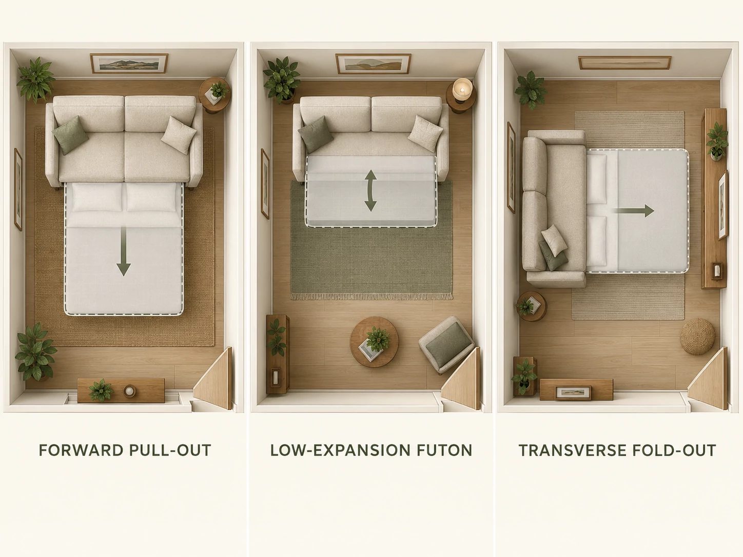 Diagram comparing forward pull-out, low-expansion futon, and transverse fold-out sleeper footprints.
