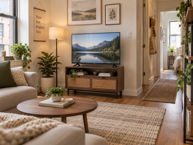 Small TV stand in a compact living room with the TV base, stand footprint, cable zone, and walking path considered together.