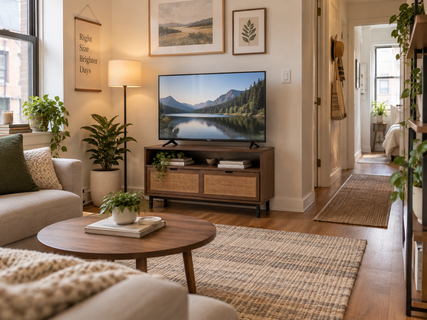 Small TV stand in a compact living room with the TV base, stand footprint, cable zone, and walking path considered together.