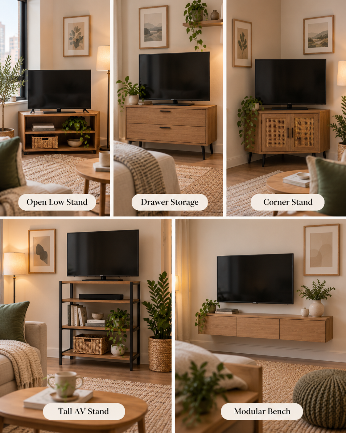 Five small TV stand roles in compact rooms: open low stand, drawer storage, corner stand, tall AV stand, and modular bench.