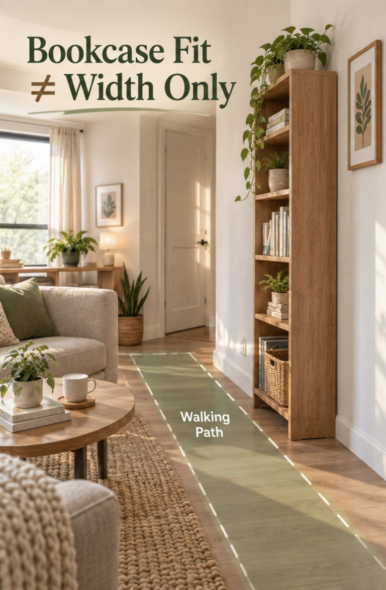 Small bookcase in a compact room with wall width, furniture depth, and walking clearance considered together.