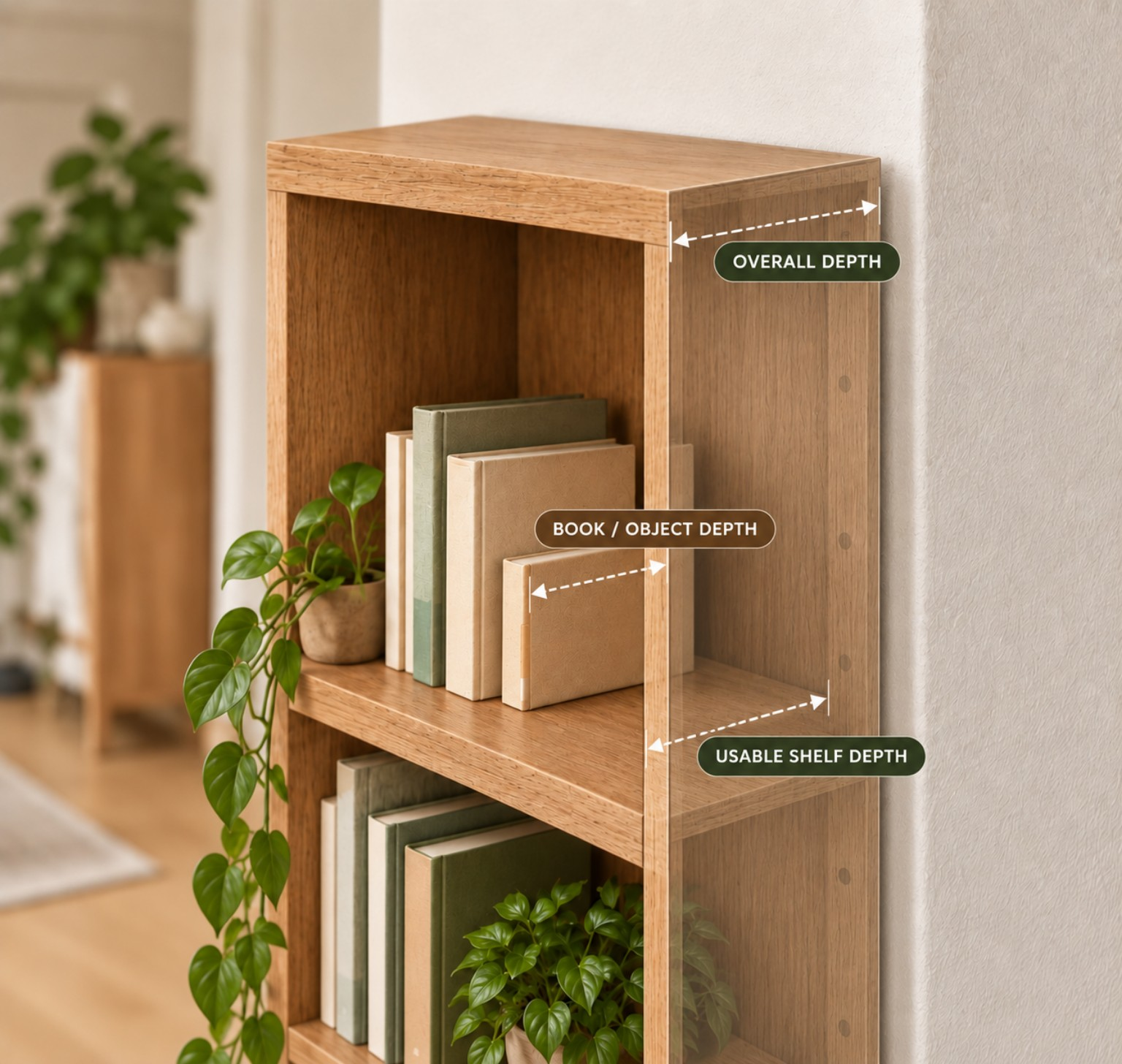 Diagram showing overall bookcase depth, usable shelf depth, and actual book or object depth as separate fit measurements.