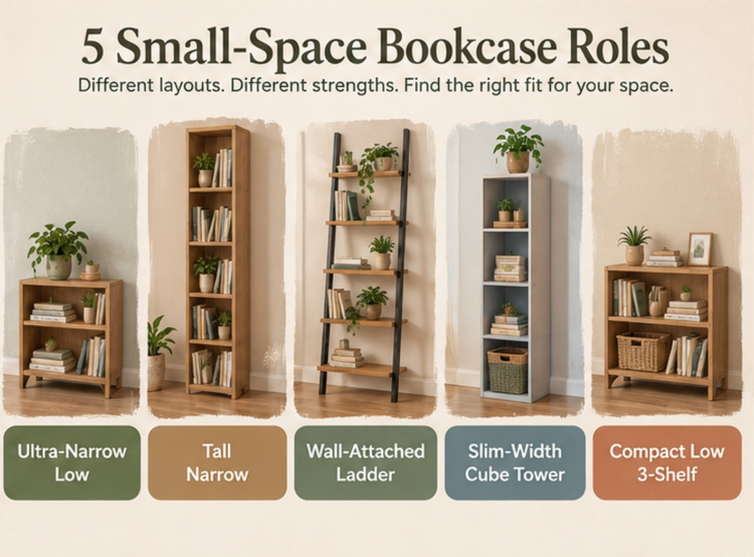Comparison of five small-space bookcase roles: ultra-narrow low, tall narrow, wall-attached ladder, slim-width cube tower, and compact low three-shelf.