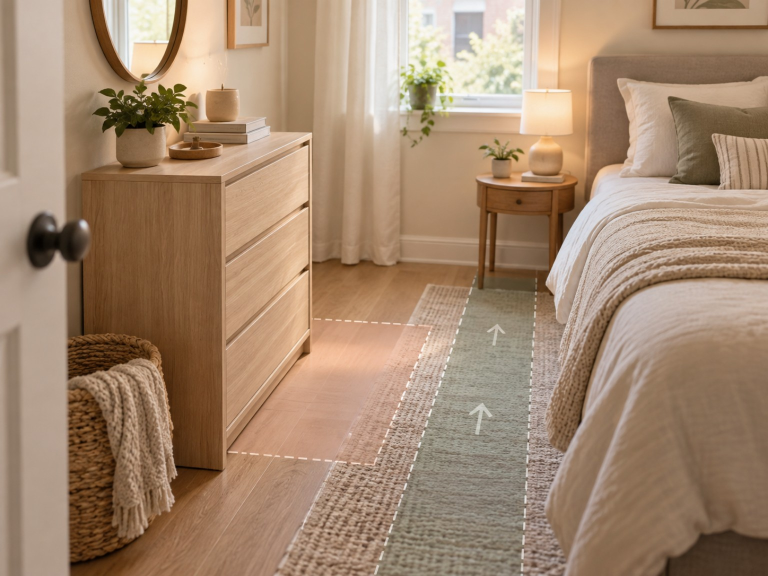 Small dresser positioned in a compact bedroom with body depth, drawer opening space, and walking path considered.