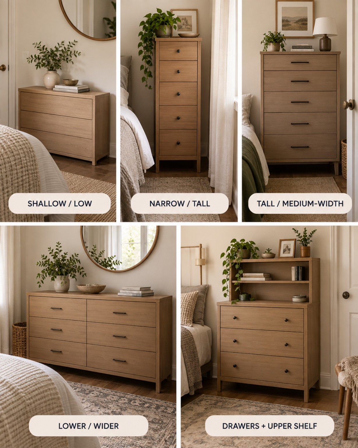 Five small-dresser role silhouettes comparing shallow, narrow-tall, tall medium-width, lower-wide, and dresser-with-shelf configurations.