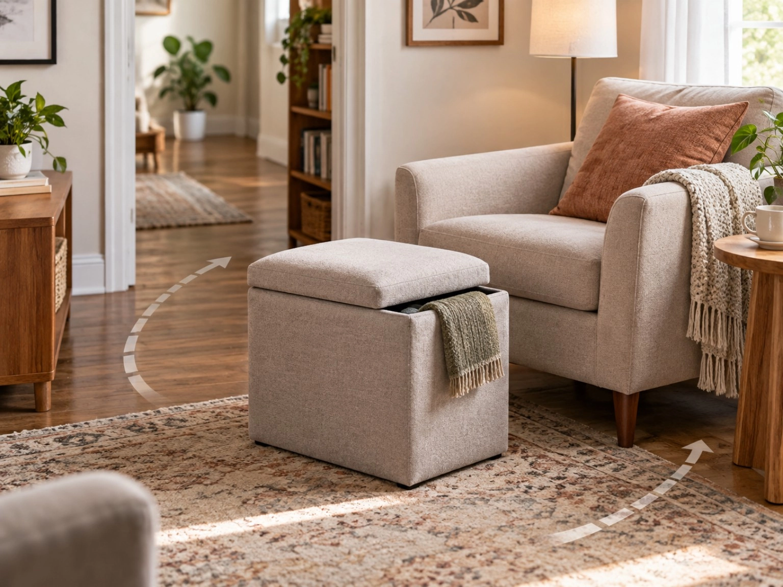 Storage ottoman in a compact living room with its closed footprint, seating relationship, and walking path considered.