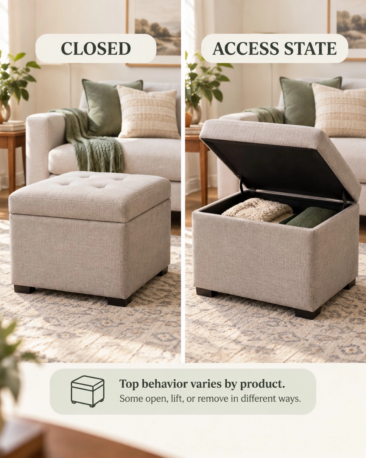 Diagram comparing a storage ottoman's closed state with a generic storage-access state without using a universal clearance number.