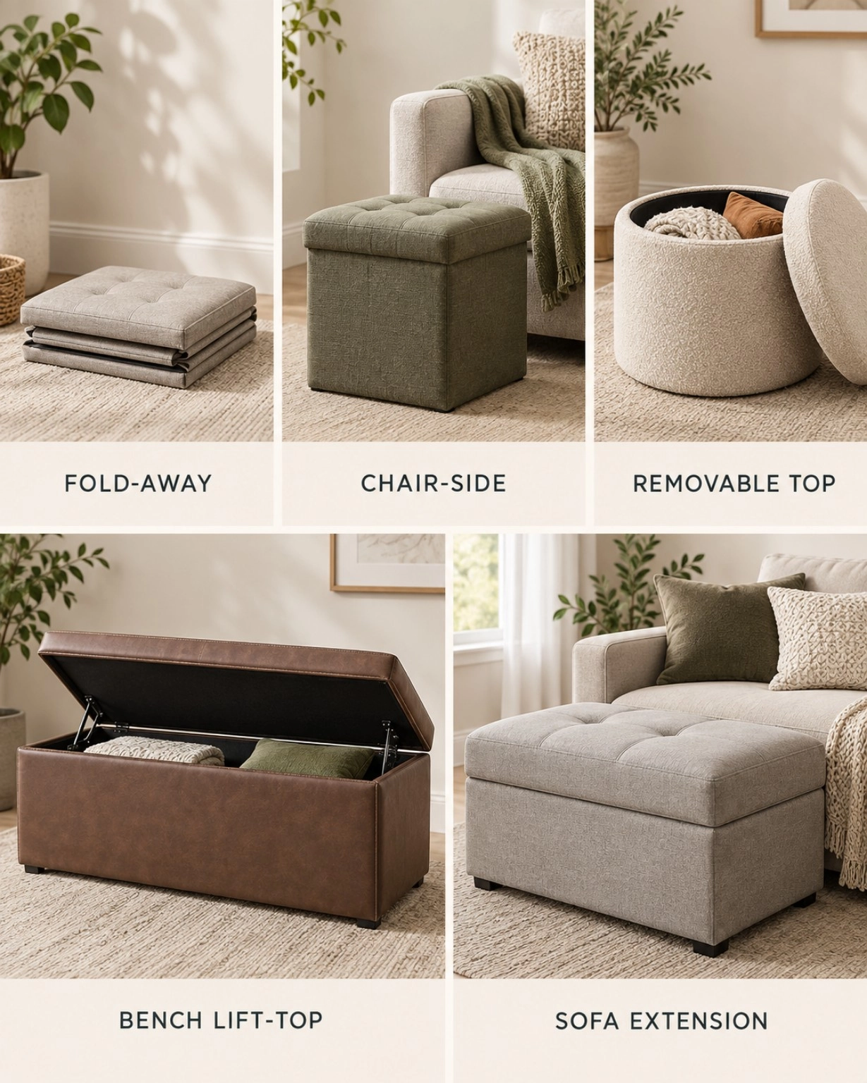 Five generic storage-ottoman role silhouettes showing fold-away, chair-side, removable-top cube, bench-length lift-top, and deeper sofa-extension configurations.