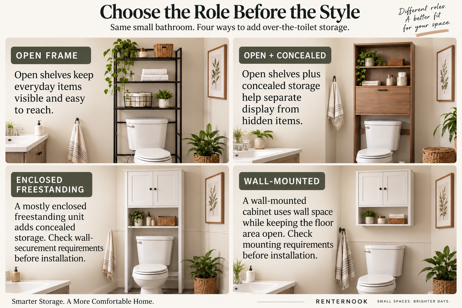 Comparison of four over-the-toilet storage roles: open metal shelf, mixed open and concealed spacesaver, enclosed freestanding spacesaver, and wall-mounted cabinet.