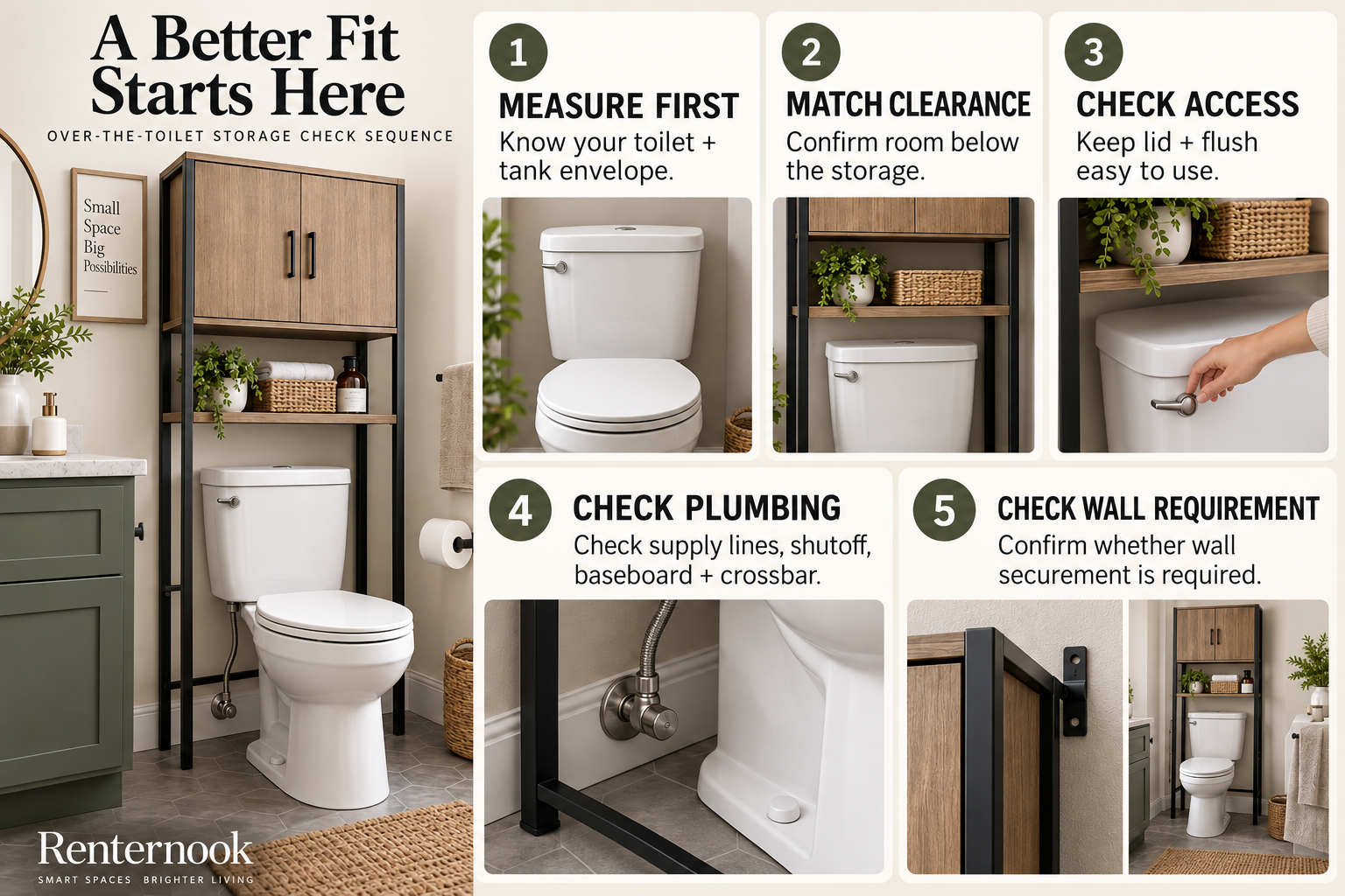 Fit-first checklist for over-the-toilet storage showing toilet and tank measurements, clearance, access, plumbing and baseboard checks, and wall-securement requirements.
