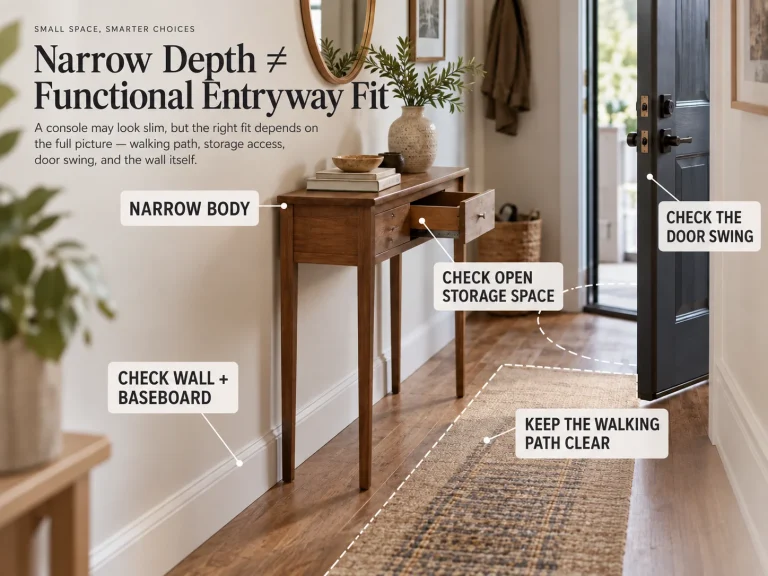 Narrow console table in a small entryway showing body depth, walking path, door swing, and functional fit.