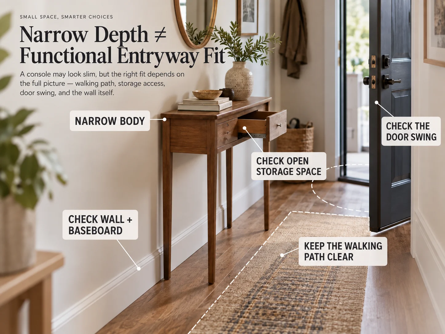 Narrow console table in a small entryway showing body depth, walking path, door swing, and functional fit.
