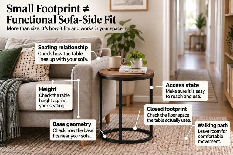 Small end table beside a sofa showing footprint, height, access state, base geometry, and functional sofa-side fit.