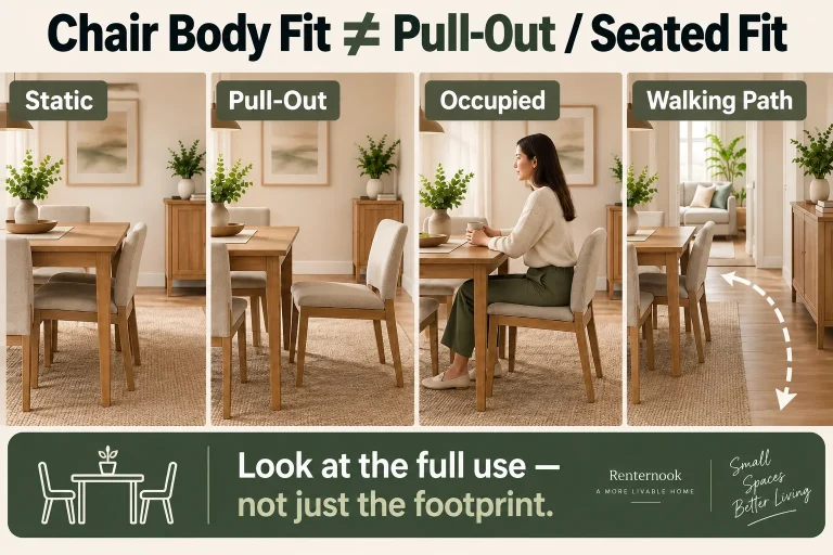 Fit-first dining chair graphic showing a chair tucked at a small table beside pulled-out and occupied working states, illustrating that chair body fit is not the same as seated fit.