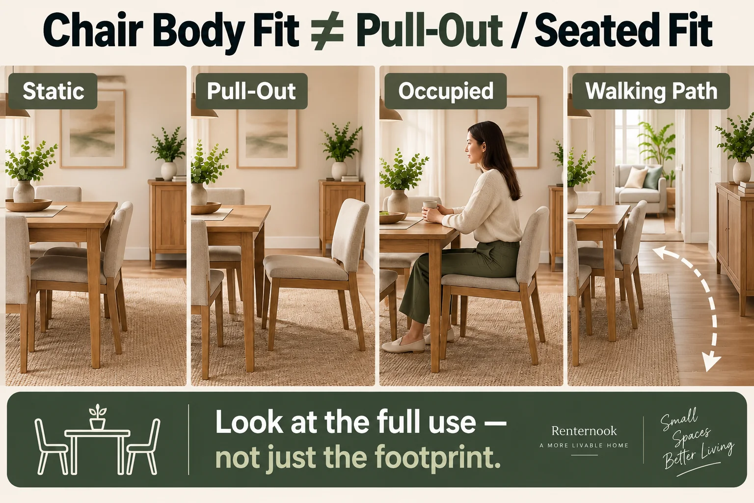 Fit-first dining chair graphic showing a chair tucked at a small table beside pulled-out and occupied working states, illustrating that chair body fit is not the same as seated fit.
