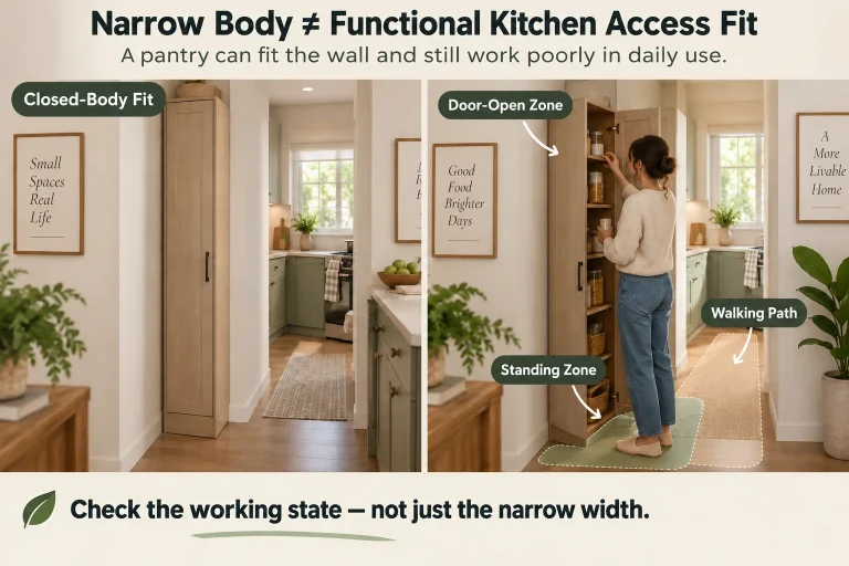 Conceptual small-kitchen graphic showing a narrow pantry cabinet in closed and open-use states, emphasizing that cabinet body fit is not the same as access fit.