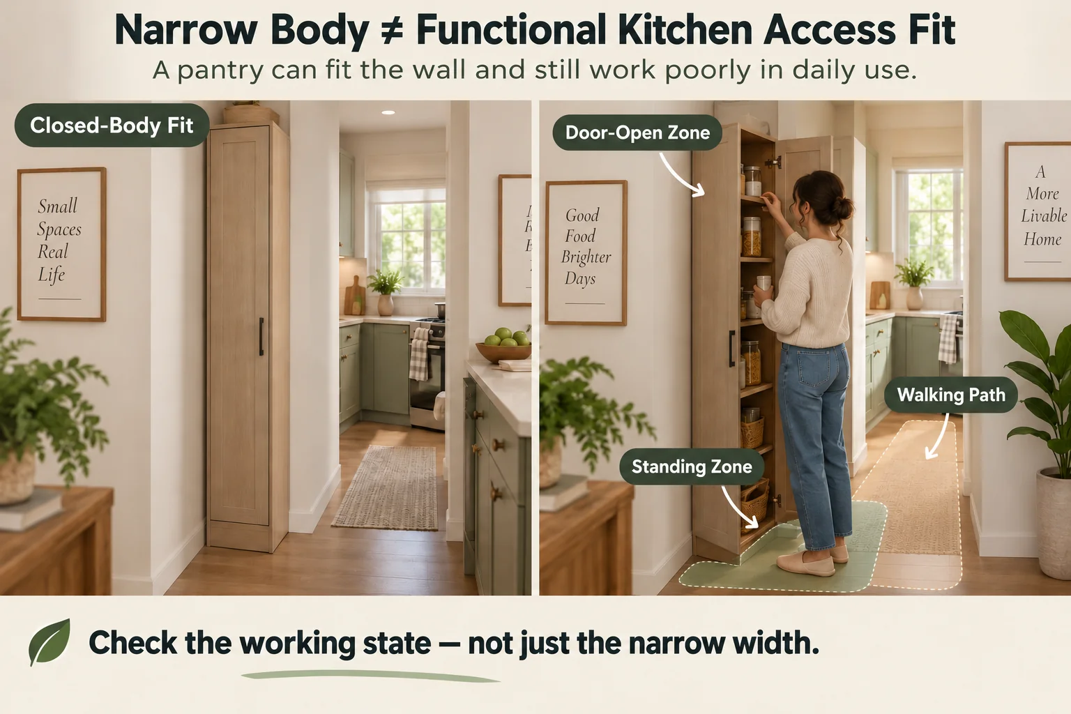 Conceptual small-kitchen graphic showing a narrow pantry cabinet in closed and open-use states, emphasizing that cabinet body fit is not the same as access fit.