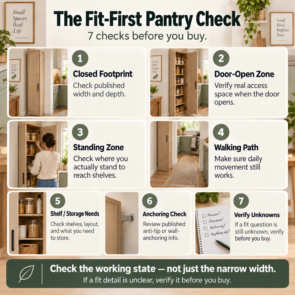 Fit-first checklist graphic for narrow pantry cabinets showing closed footprint, door-opening zone, standing access, walking path, and anchoring or wall-compatibility checks.