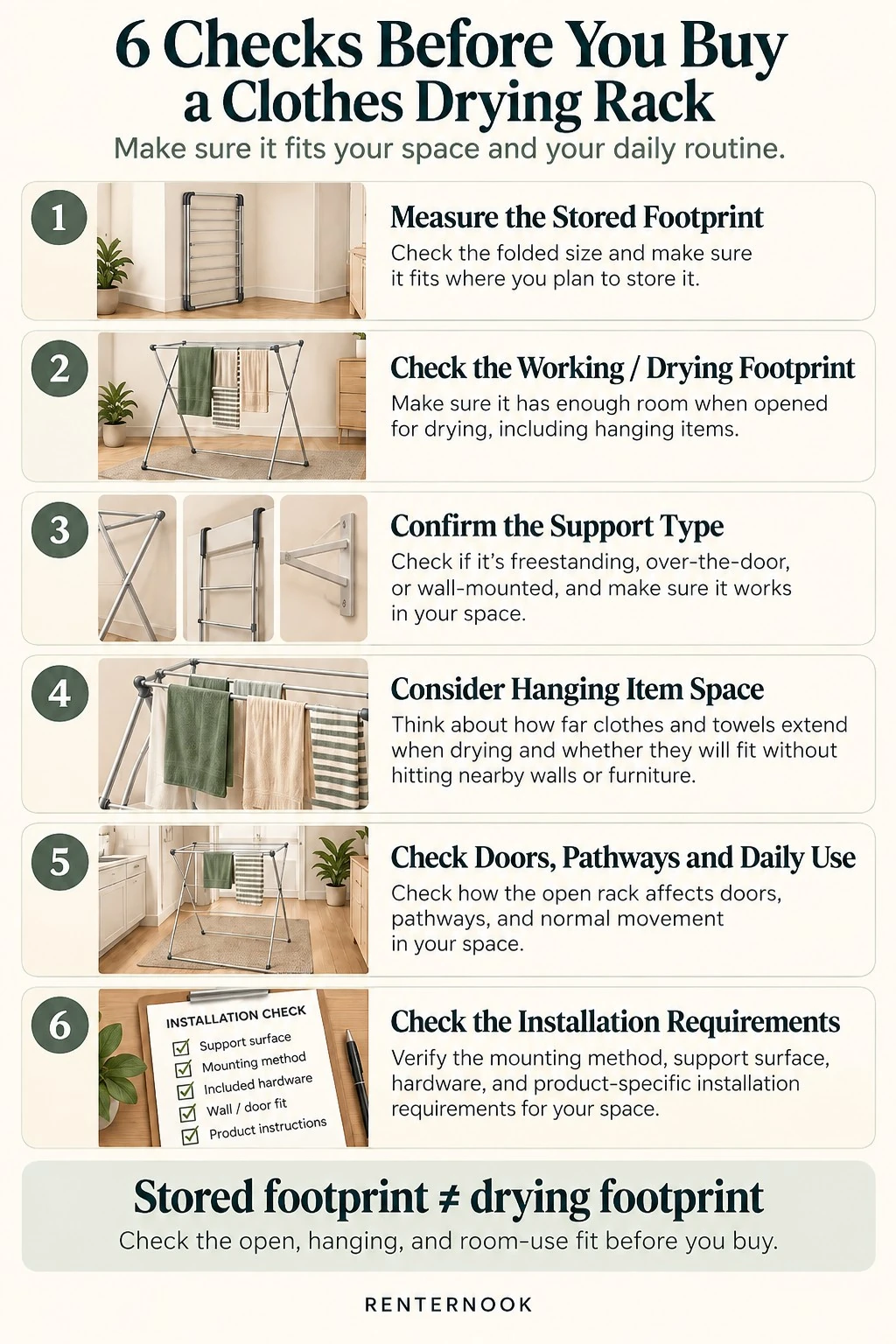 Six-step fit-first checklist for measuring a clothes drying rack in a small apartment, covering storage location, open frame, hanging-clothes zone, doors and walking paths, support type, and installation.