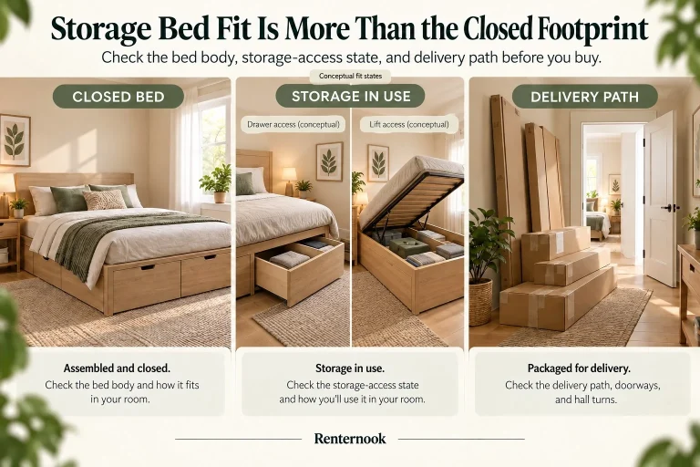Three-state storage bed fit graphic showing a closed bed in a small bedroom, storage in use, and packaged components along a delivery path.