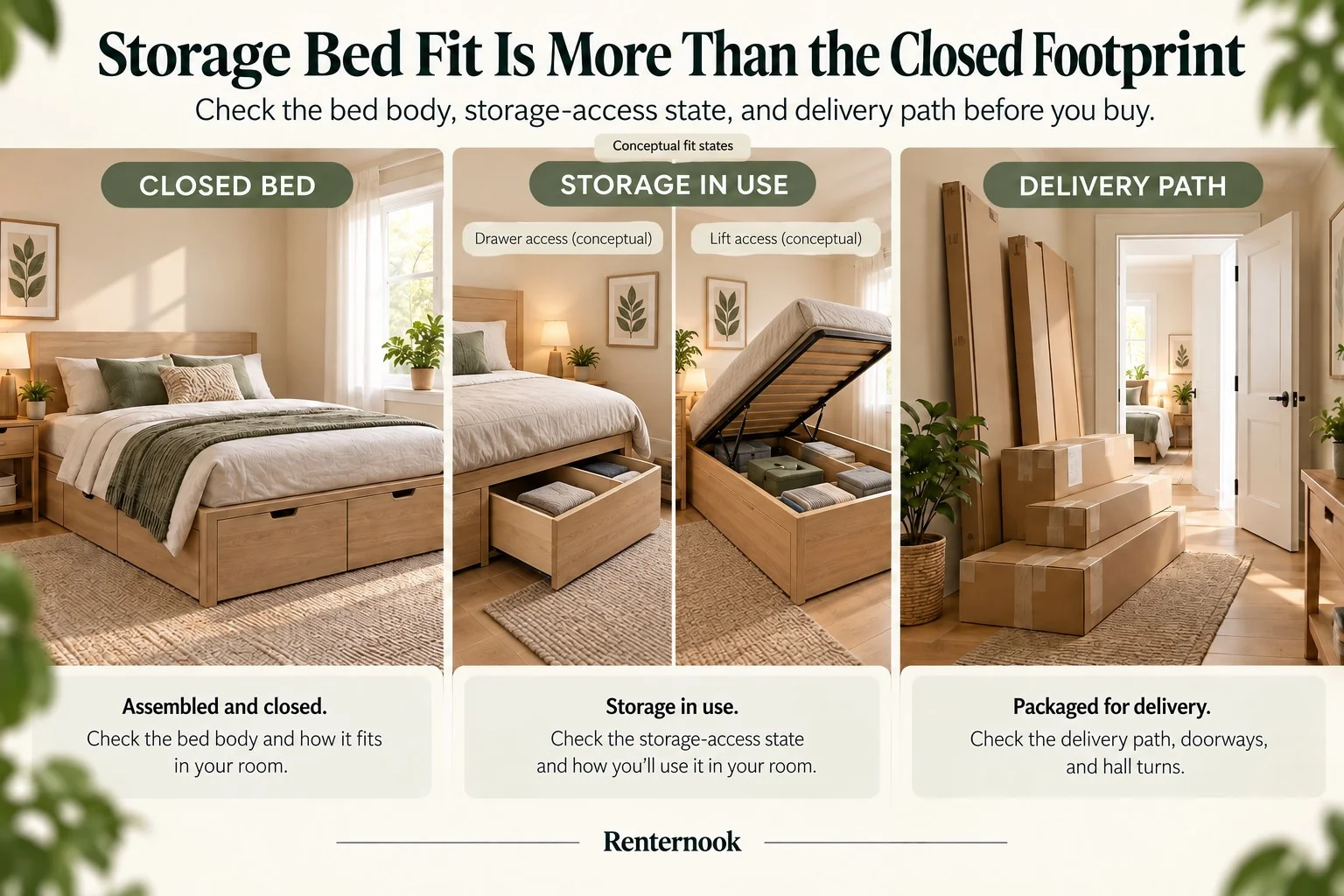 Three-state storage bed fit graphic showing a closed bed in a small bedroom, storage in use, and packaged components along a delivery path.