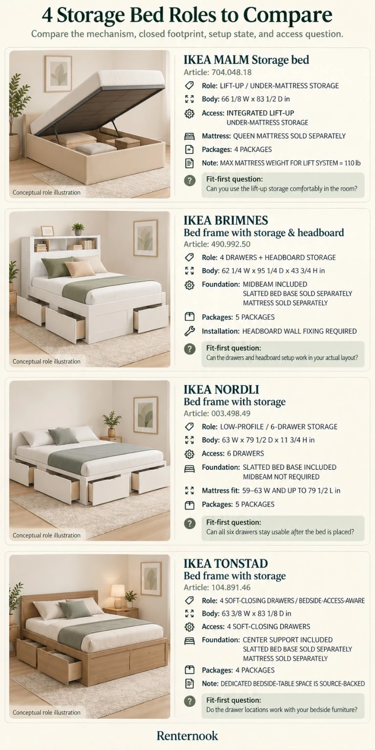 Four equal-weight storage-bed role cards comparing MALM lift-up storage, BRIMNES drawer and headboard storage, NORDLI low-profile six-drawer storage, and TONSTAD soft-closing drawer storage with body dimensions, setup state, package count, and fit-first questions.