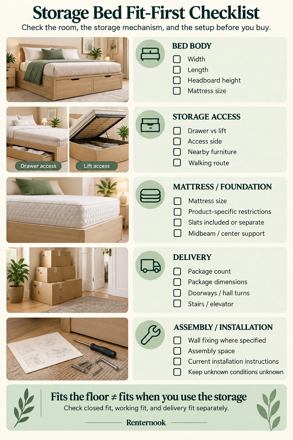 Vertical storage bed checklist covering bed body size, storage access, mattress and foundation requirements, delivery packages and route, and assembly or installation checks.