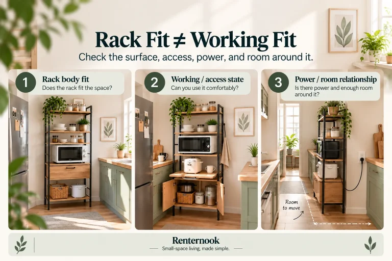 Three-state baker's rack fit graphic showing rack body fit, working-access state, and the power and room relationship in a small kitchen.