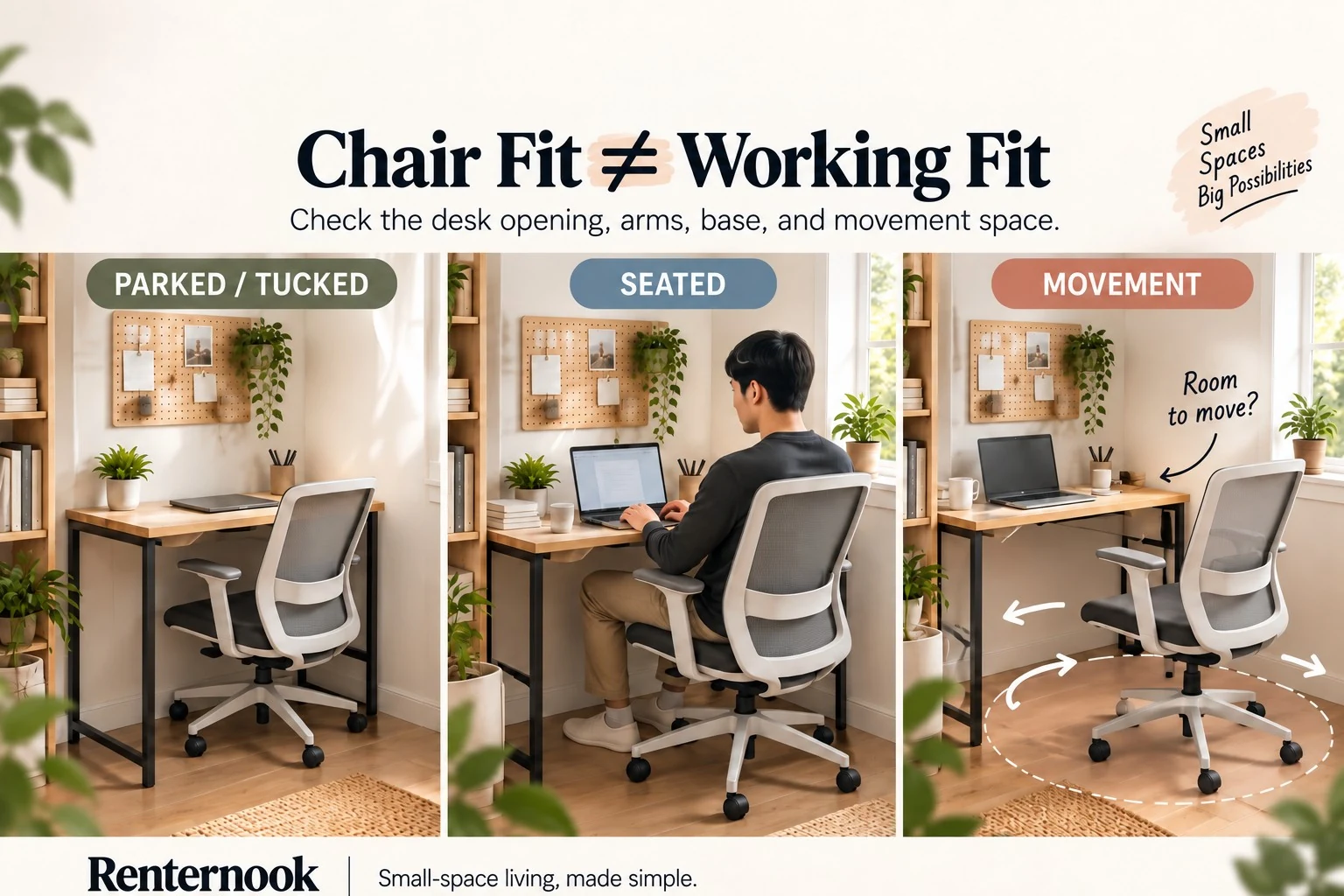 Small desk and office chair shown in parked, seated, and movement states to illustrate chair fit versus working fit.