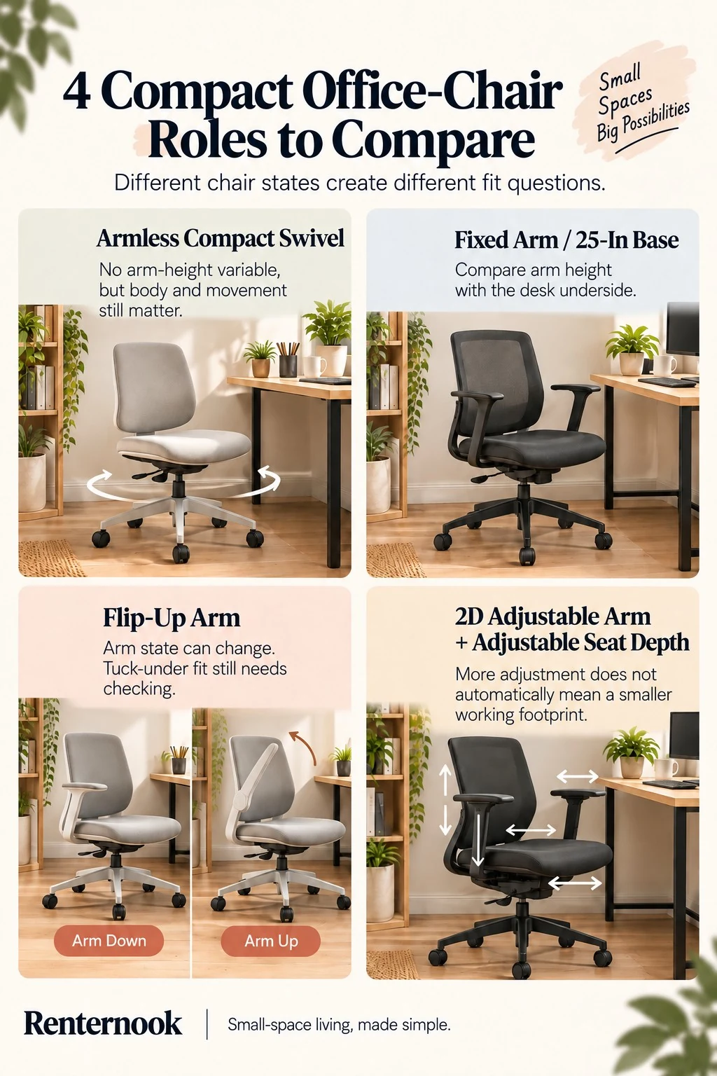 Four compact office-chair roles comparing armless, fixed-arm, flip-up-arm, and adjustable-arm fit variables.