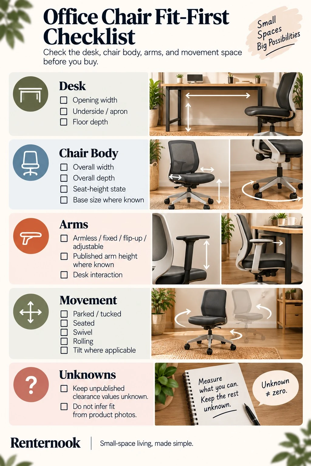 Office chair fit-first checklist covering desk opening, chair body, arms, movement, and unknown clearance values.