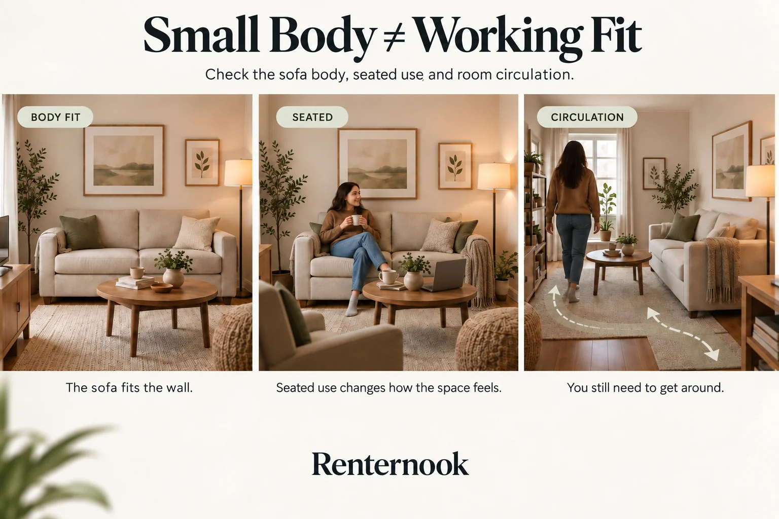Small sofa body fit, seated use, and room circulation in a compact living room.