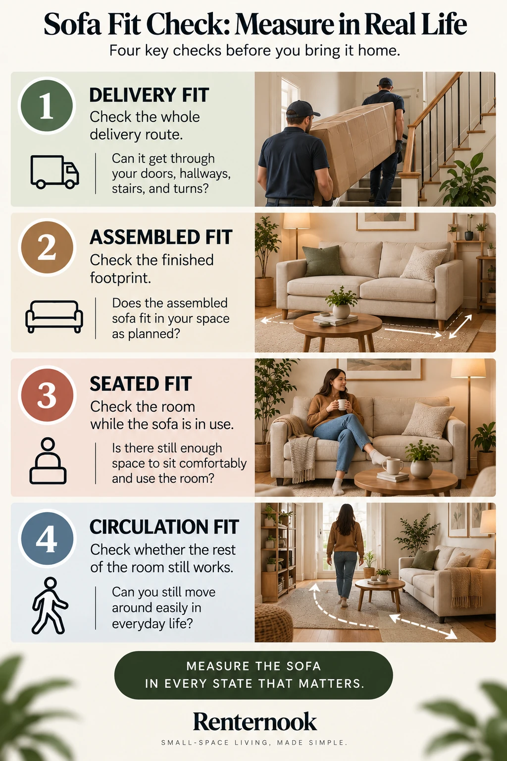 Four-step sofa fit checklist covering delivery, assembled, seated, and circulation fit.