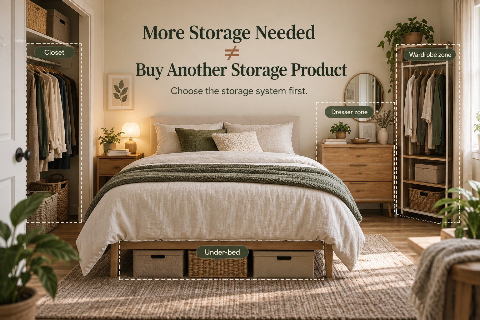 A small bedroom showing several possible storage zones, including a closet, bed with under-bed area, dresser zone, and wardrobe zone, with the message that needing more storage does not automatically mean buying another storage product.