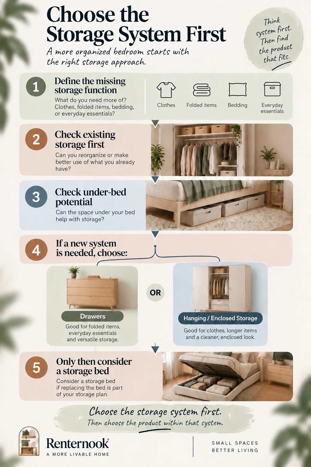 A vertical decision-flow infographic explaining how to choose a bedroom storage system: define the storage problem, check existing storage, check under-bed space, then decide between drawer storage, hanging or enclosed storage, and only then consider a storage bed.