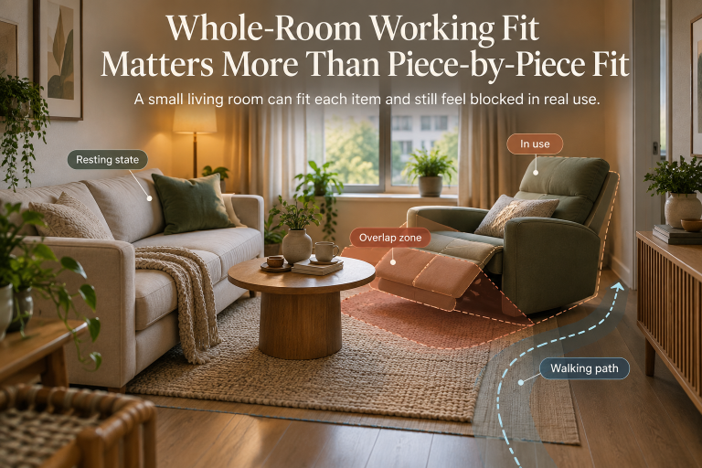 A small living room scene showing several furniture pieces that appear to fit individually, while use states such as seating, opening, and walking paths begin to overlap and compete for the same space.
