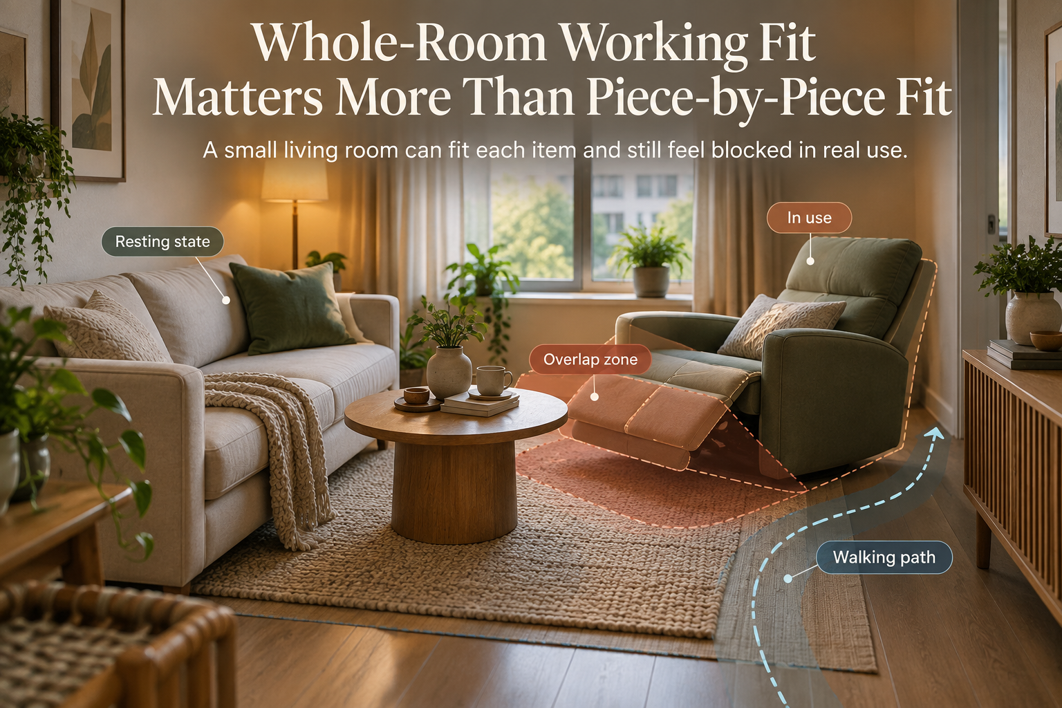 A small living room scene showing several furniture pieces that appear to fit individually, while use states such as seating, opening, and walking paths begin to overlap and compete for the same space.