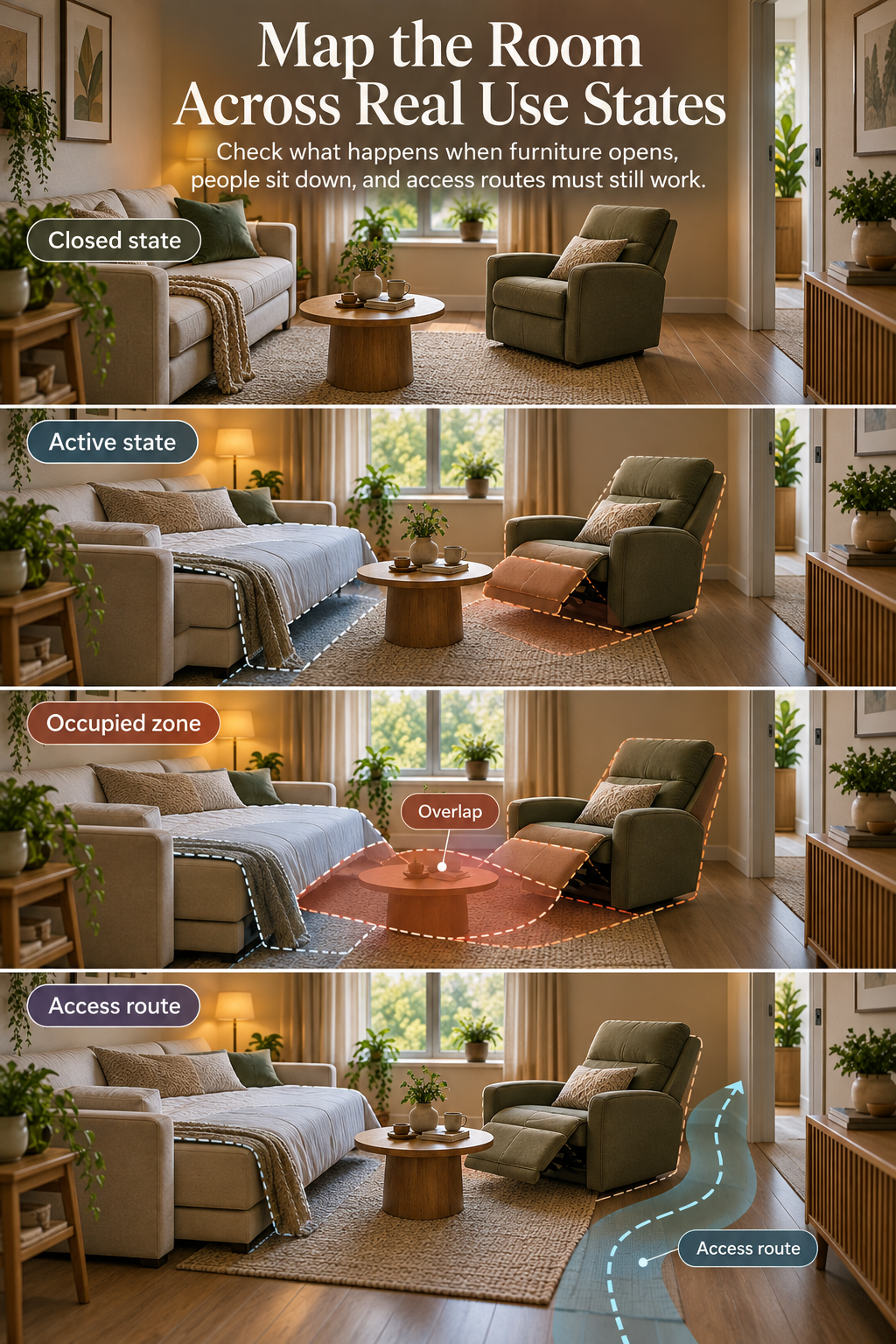 A visual room-state map showing a small living room in closed state, then active and occupied states, highlighting overlap zones and access-path conflicts that appear when furniture is used together.