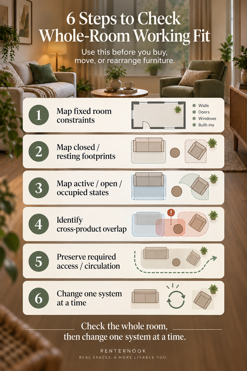 A six-step vertical checklist infographic explaining how to evaluate whole-room working fit in a small living room, from mapping fixed room constraints to changing one system at a time.