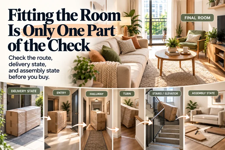 A small-apartment furniture delivery scene contrasting a finished item in its final room position with the delivery route through an entry, hallway, turn, and stair or elevator before assembly and positioning.