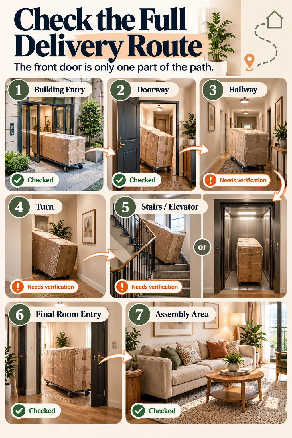 A sequential furniture-delivery route map showing building entry, doorway, hallway, turn, stairs or elevator, final room entry, and assembly area as separate bottlenecks to check.