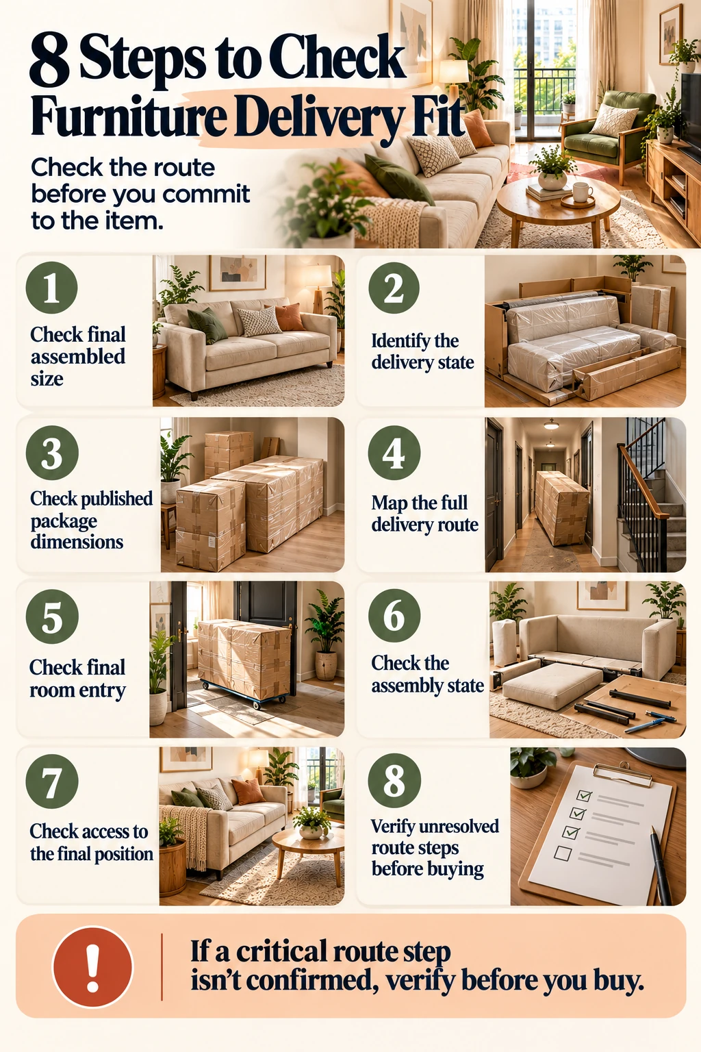 An eight-step furniture delivery-fit checklist covering final assembled size, delivery state, package dimensions, full delivery route, final room entry, assembly state, final positioning, and verification of unresolved route steps.
