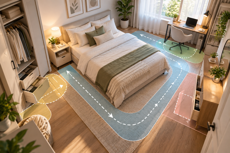 Small bedroom showing a bed, nightstand, dresser, closet access, and walking route as one whole-room working-fit system.