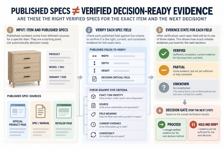 Evidence-quality gate showing product identity, source quality, required furniture spec fields, evidence states, and Proceed versus Hold and Verify.