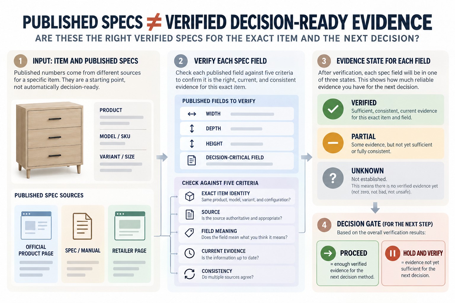 Evidence-quality gate showing product identity, source quality, required furniture spec fields, evidence states, and Proceed versus Hold and Verify.